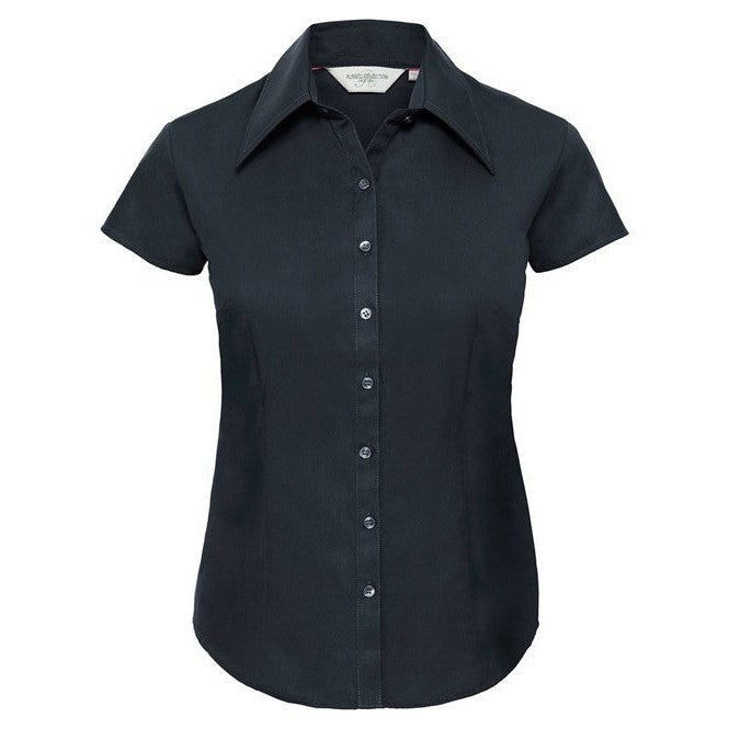 Russell Collection Women's Cap Sleeve Tencel Fitted Shirt with Satin Ribbon