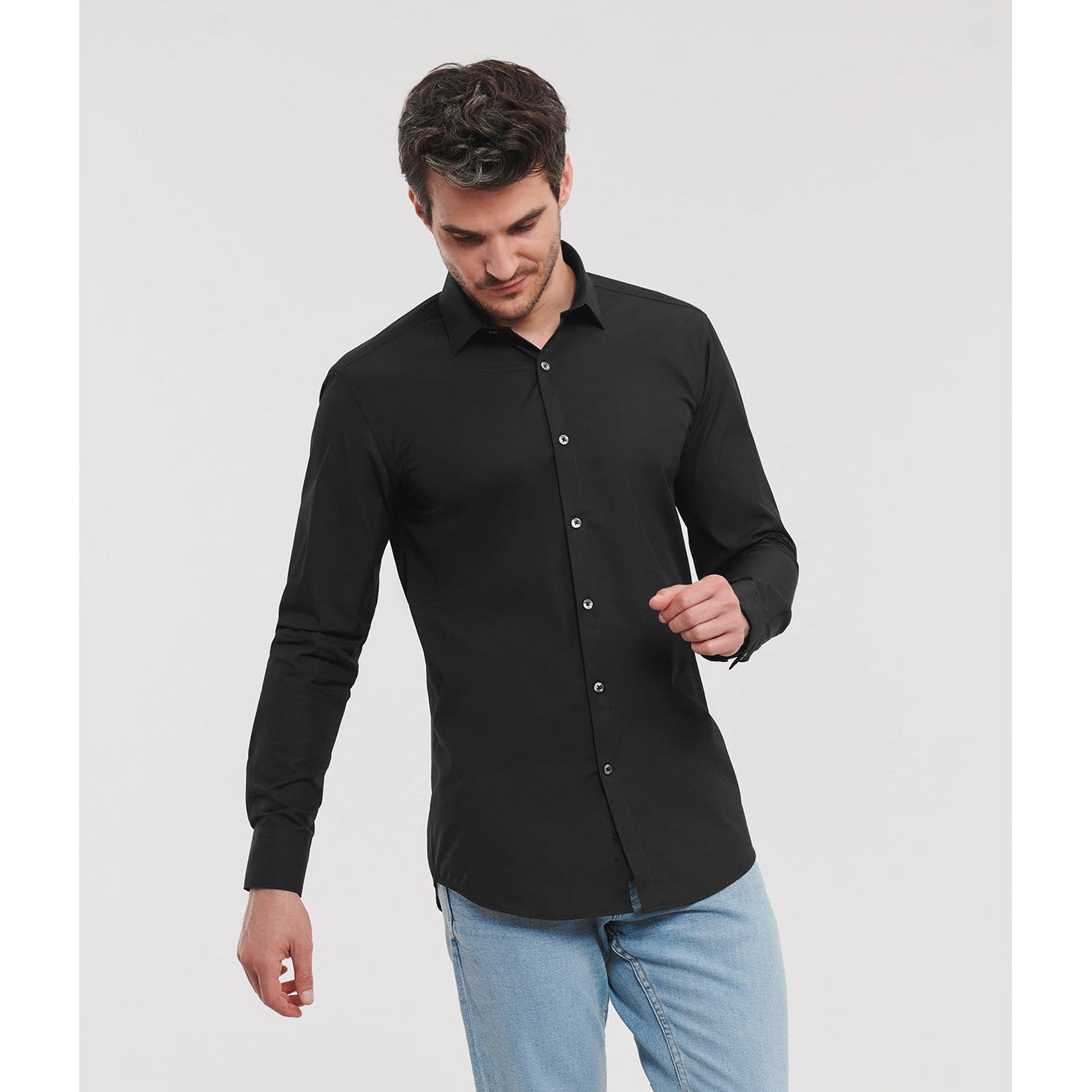 Russell Collection Long Sleeve Stretch Shirt Fitted Cotton Lycra T400Â® Fabric