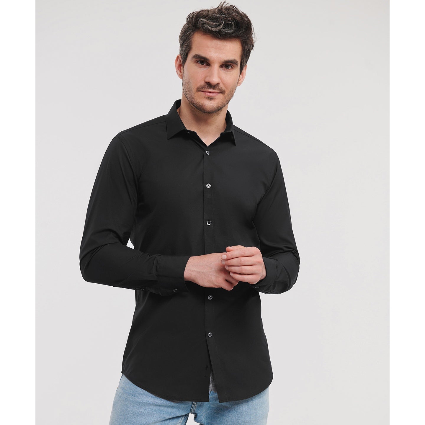 Russell Collection Long Sleeve Stretch Shirt Fitted Cotton Lycra T400Â® Fabric