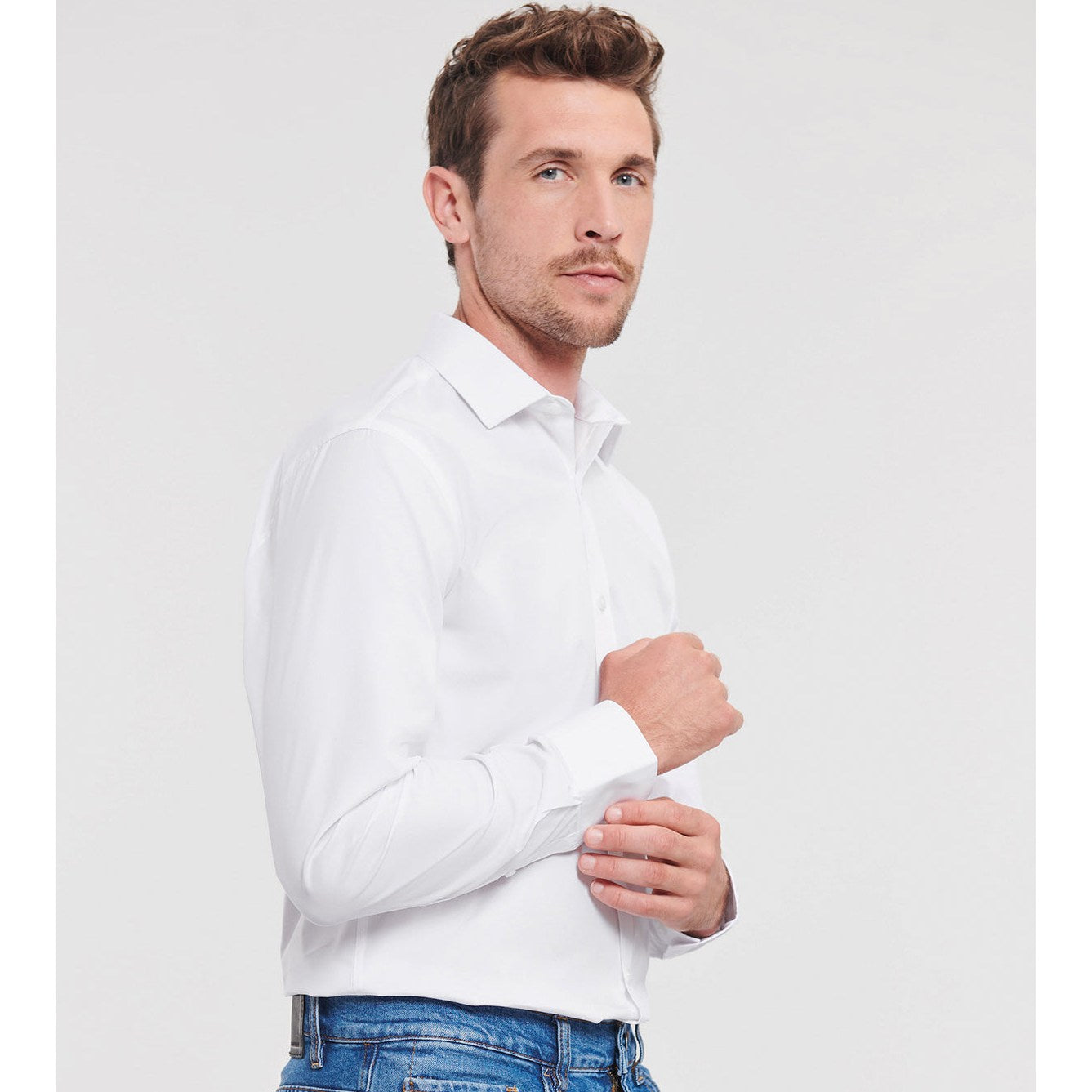 Russell Collection Long Sleeve Stretch Shirt Fitted Cotton Lycra T400Â® Fabric