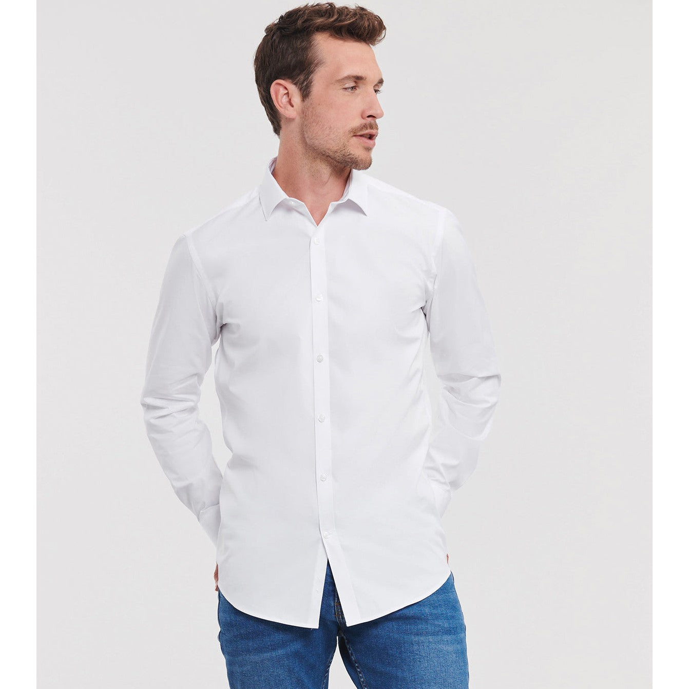 Russell Collection Long Sleeve Stretch Shirt Fitted Cotton Lycra T400Â® Fabric