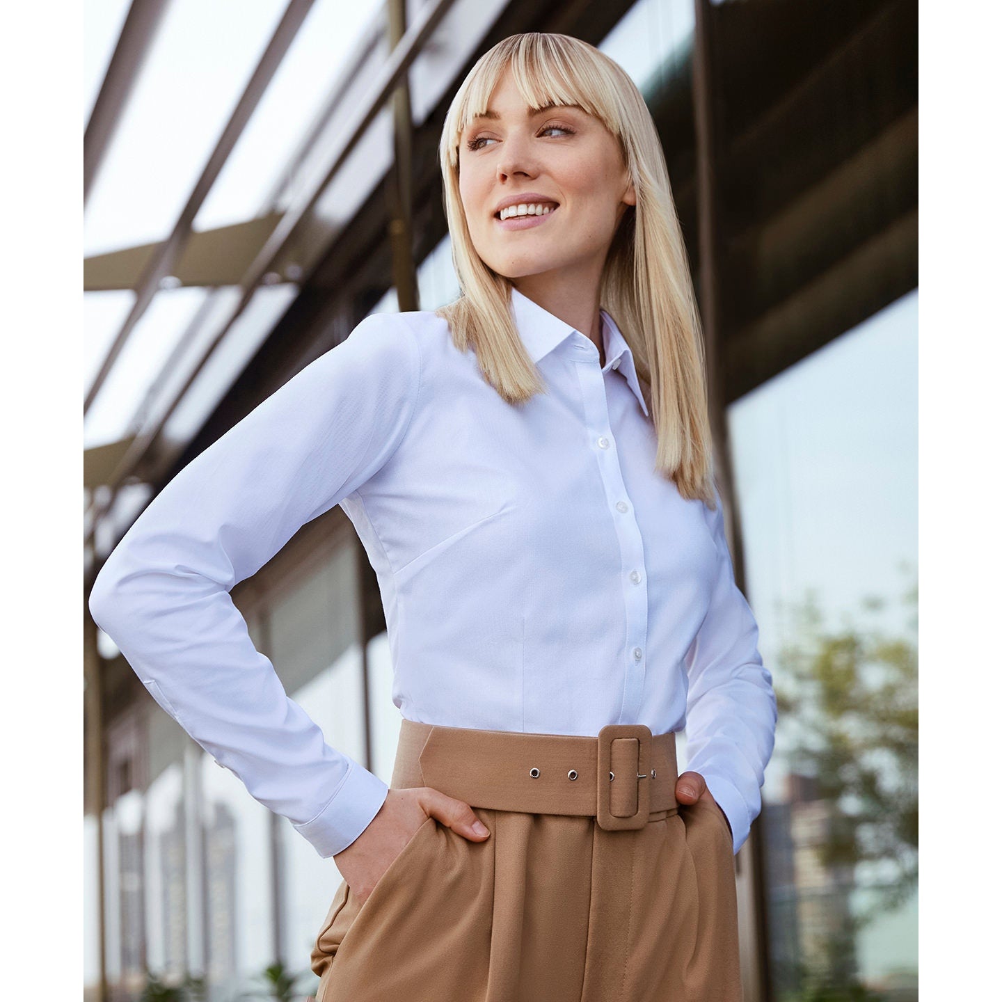 Russell Collection Women's Long Sleeve Herringbone Shirt Fitted Cotton Blend