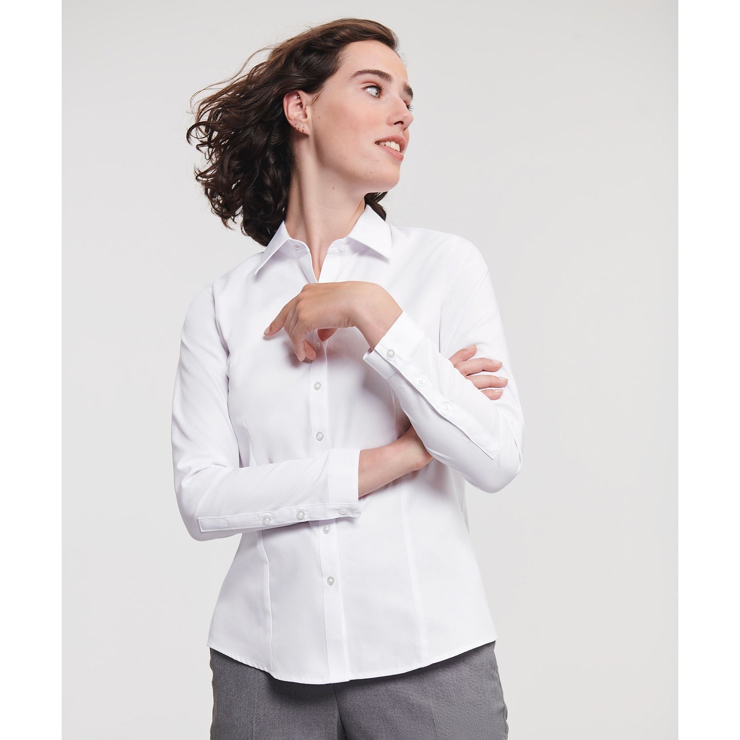 Russell Collection Women's Long Sleeve Herringbone Shirt Fitted Cotton Blend