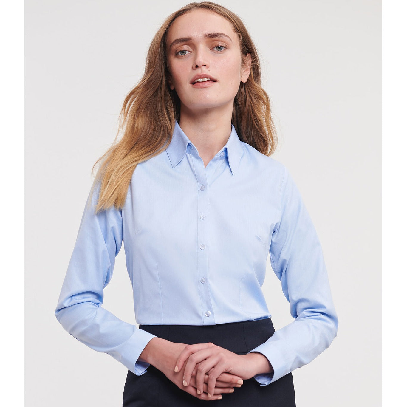 Russell Collection Women's Long Sleeve Herringbone Shirt Fitted Cotton Blend