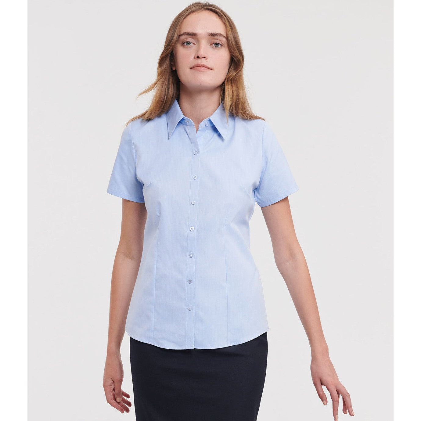 Russell Collection Women's Short Sleeve Herringbone Shirt Fitted Cotton Blend
