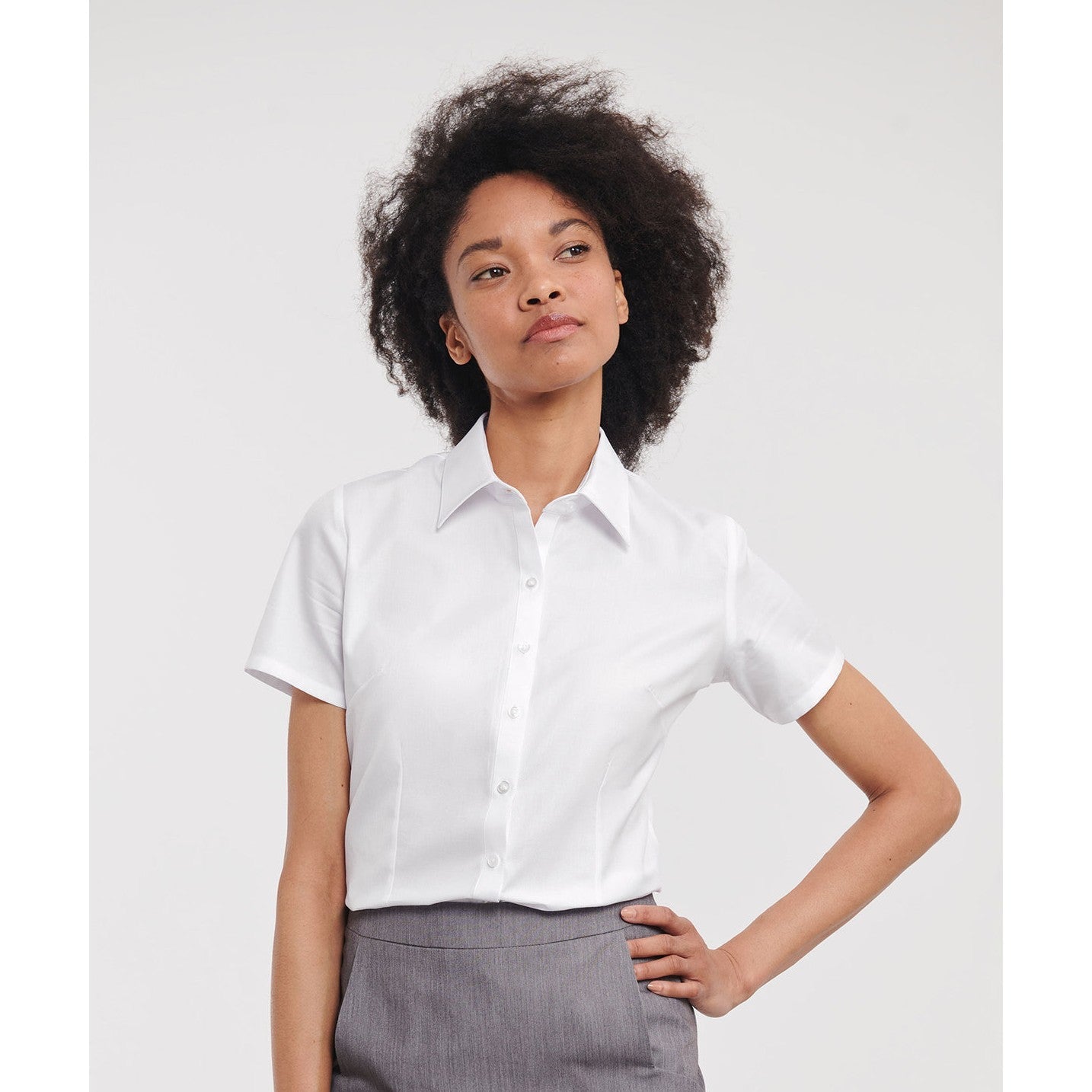Russell Collection Women's Short Sleeve Herringbone Shirt Fitted Cotton Blend
