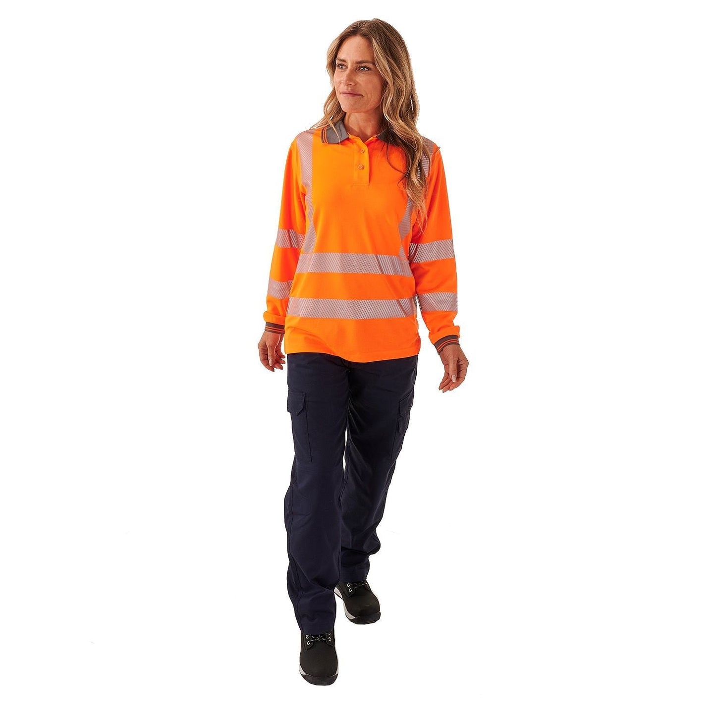 Supertouch Ladies Hi Vis Orange Jaya Bird Eye Long Sleeve Polo UPF 40+