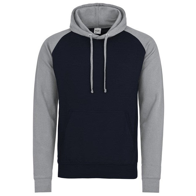 Awdis Just Hoods Baseball Hoodie Contrast Sleeves Kangaroo Pocket S-2XL