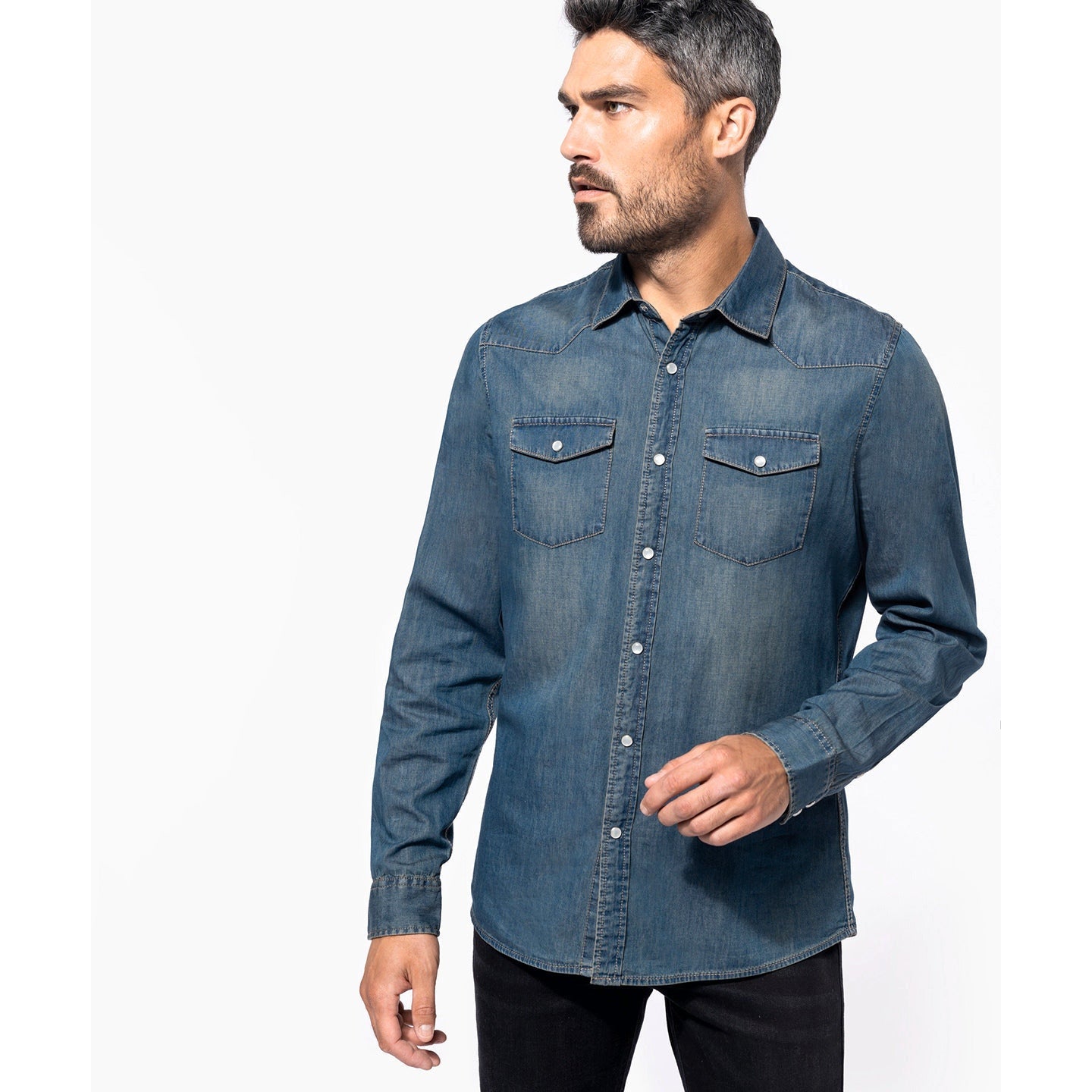 Kariban Men's Fitted Long-Sleeved Denim Shirt 100% Cotton Stud Buttons Unique