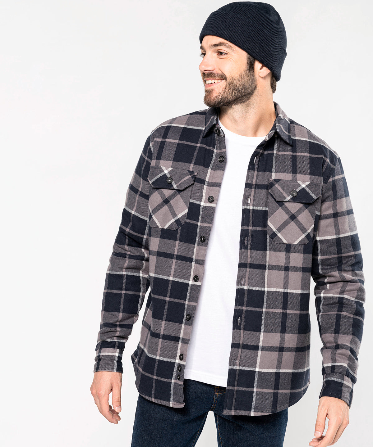 Kariban Sherpa-Lined Checked Shirt Jacket 100% Cotton Flannel Warm Soft