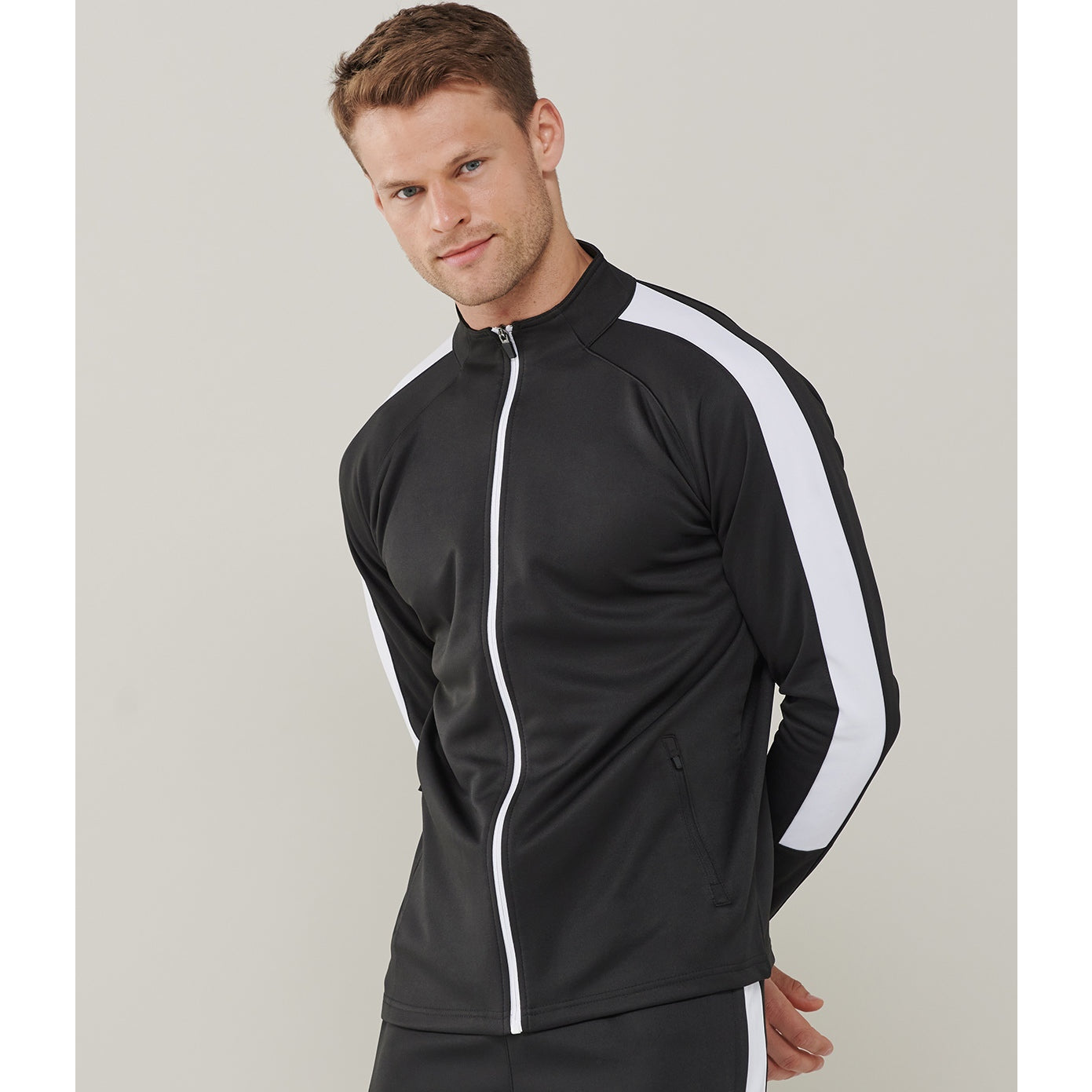Finden & Hales Knitted Tracksuit Top Slim Fit Contrast Panels Zip Pockets
