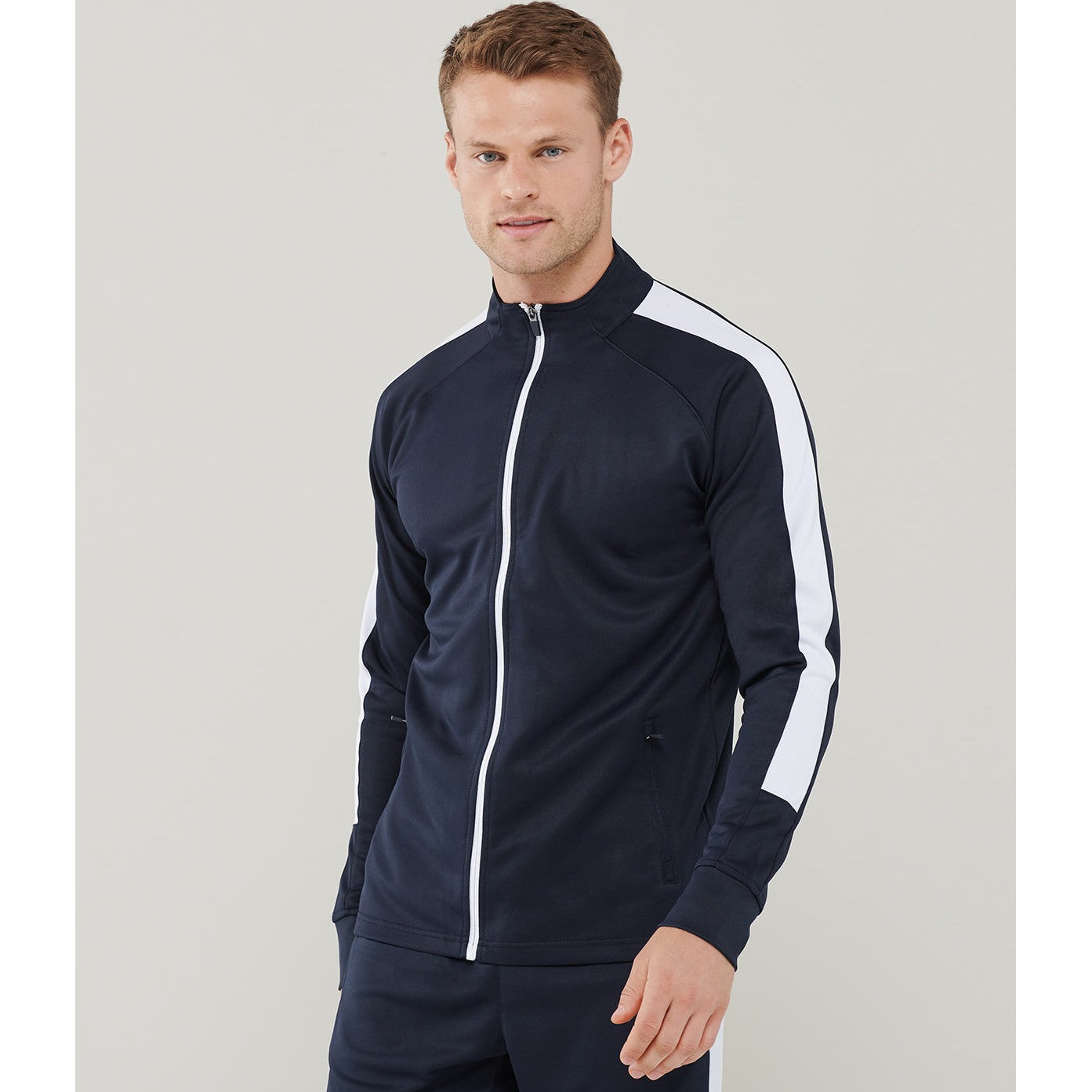 Finden & Hales Knitted Tracksuit Top Slim Fit Contrast Panels Zip Pockets