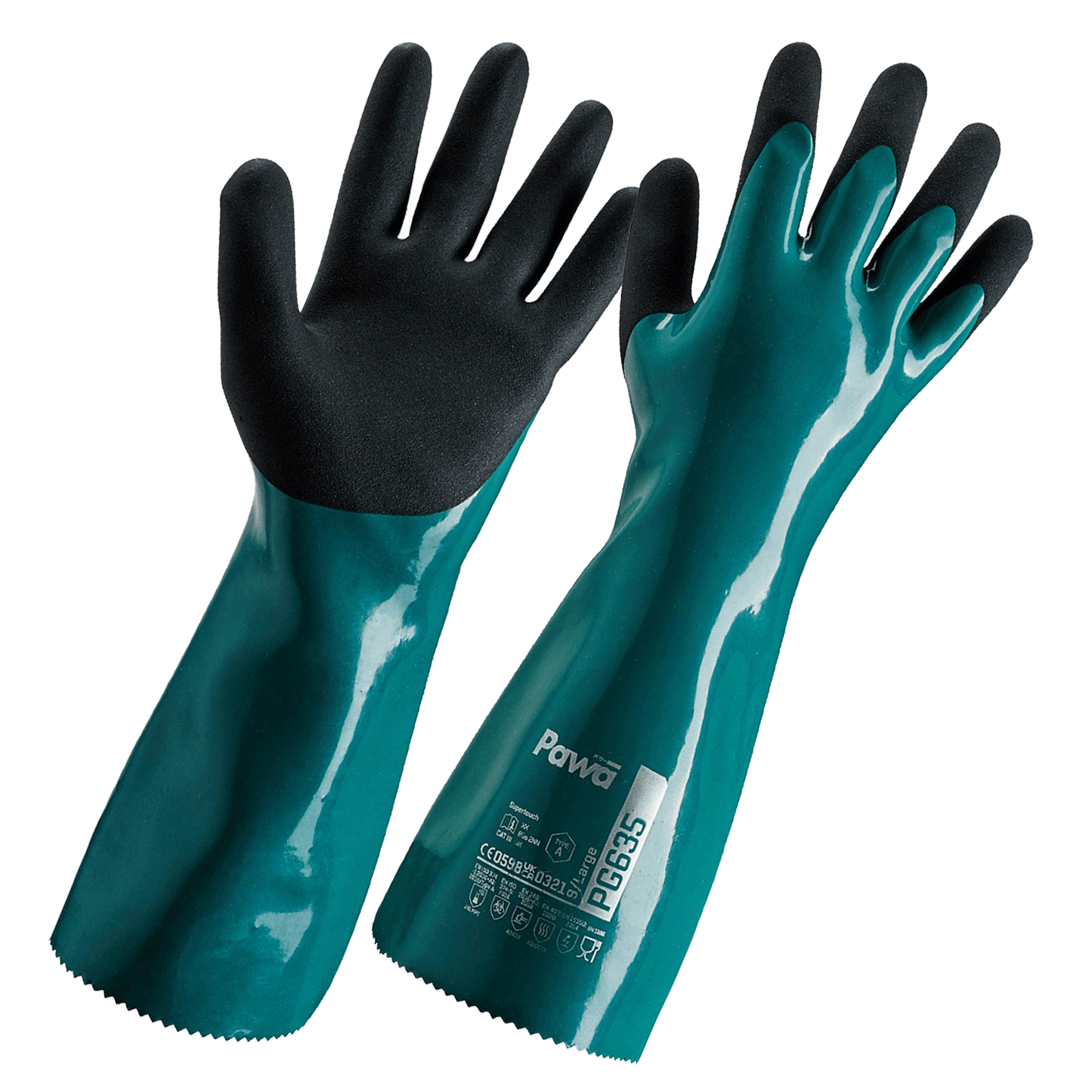Pawa PG635 Heavy-Duty Gauntlet Gloves Type A Chemical Resistant PVC Grip