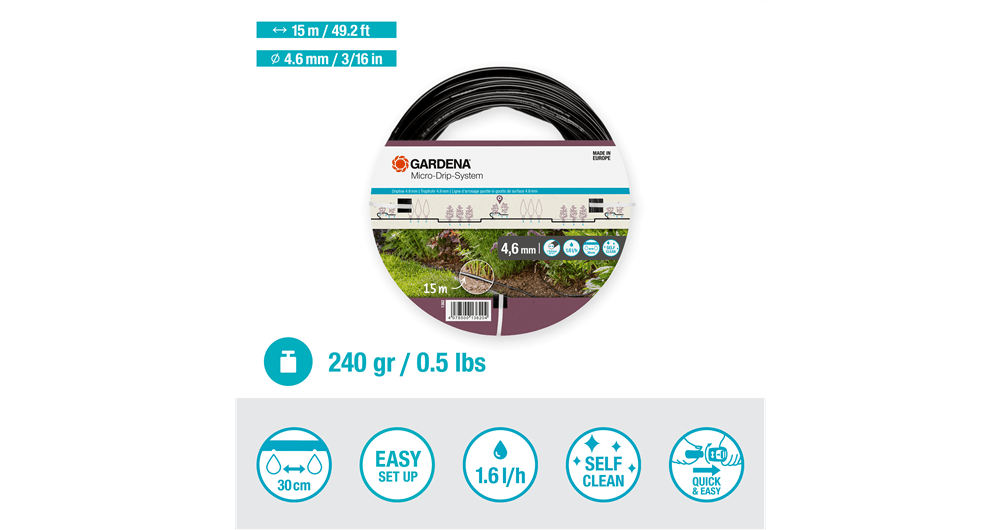 Gardena 15m Drip Irrigation Line 4.6mm for Shrubs and Flower Beds