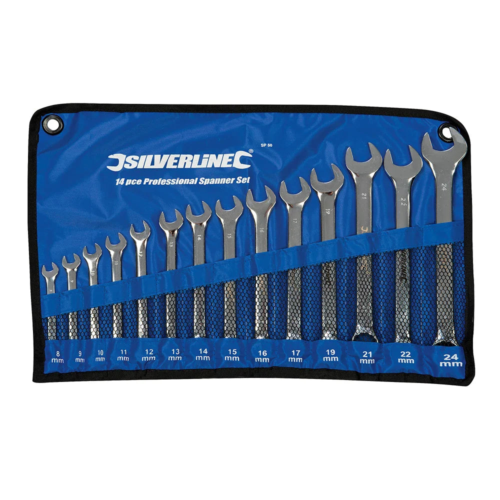 Silverline 14 Piece Combination Spanner Set Chrome Vanadium with Storage Roll