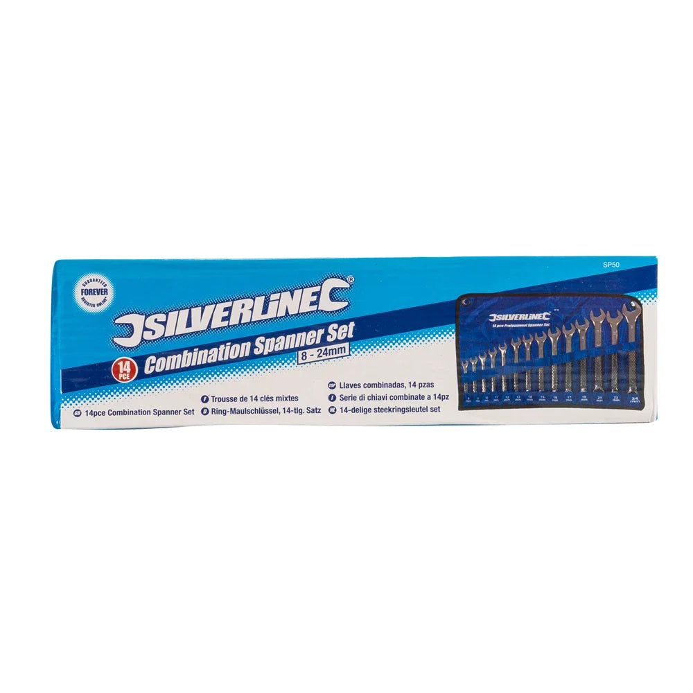 Silverline 14 Piece Combination Spanner Set Chrome Vanadium with Storage Roll