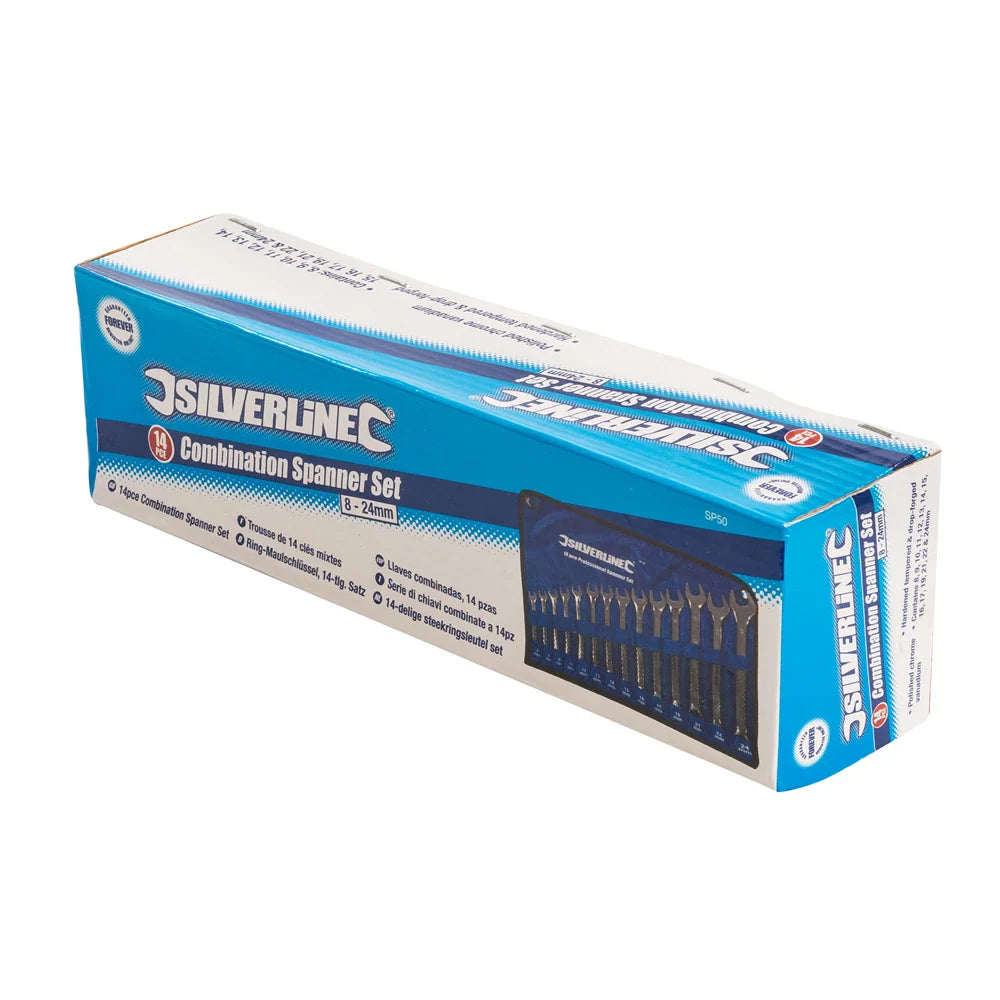 Silverline 14 Piece Combination Spanner Set Chrome Vanadium with Storage Roll