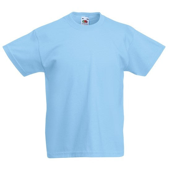 Fruit Of The Loom Kids Original T-Shirt Sky Blue Rib Crew Neck 100% Cotton