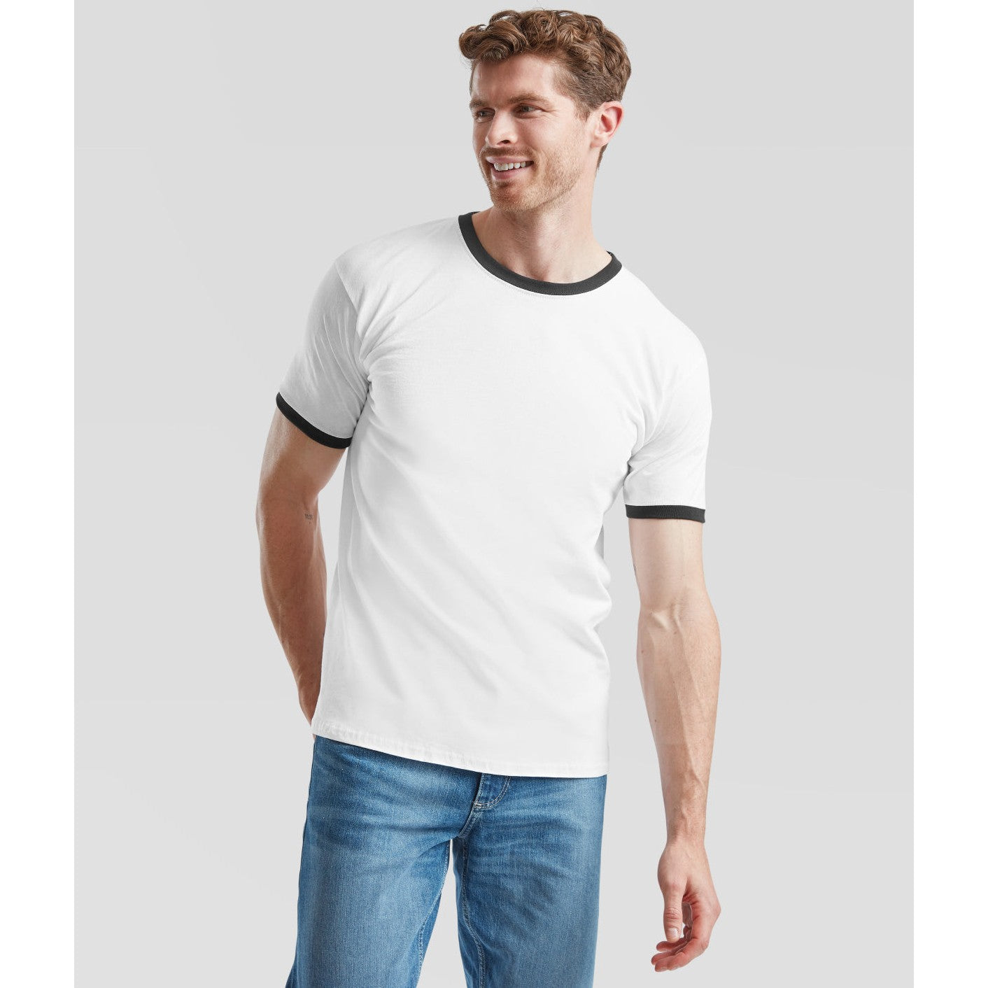 Fruit Of The Loom Ringer T Shirt Contrast Neck 100% Cotton Retail Fit S-3XL