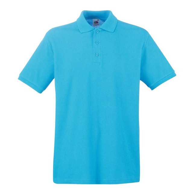 Fruit Of The Loom Premium Polo Shirt Azure Blue 100% Cotton 3-Button Placket