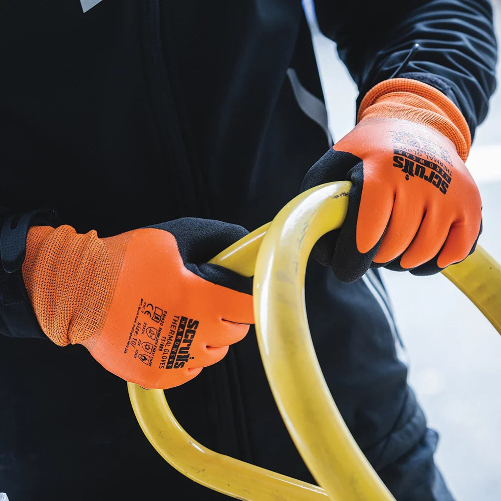 Scruffs Thermal Gloves Orange Latex Coated Warm Comfortable Grip Size Options