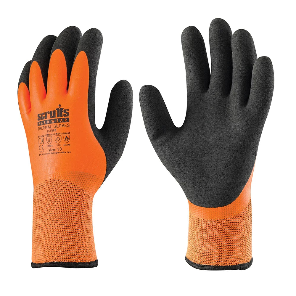 Scruffs Thermal Gloves Orange Latex Coated Warm Comfortable Grip Size Options