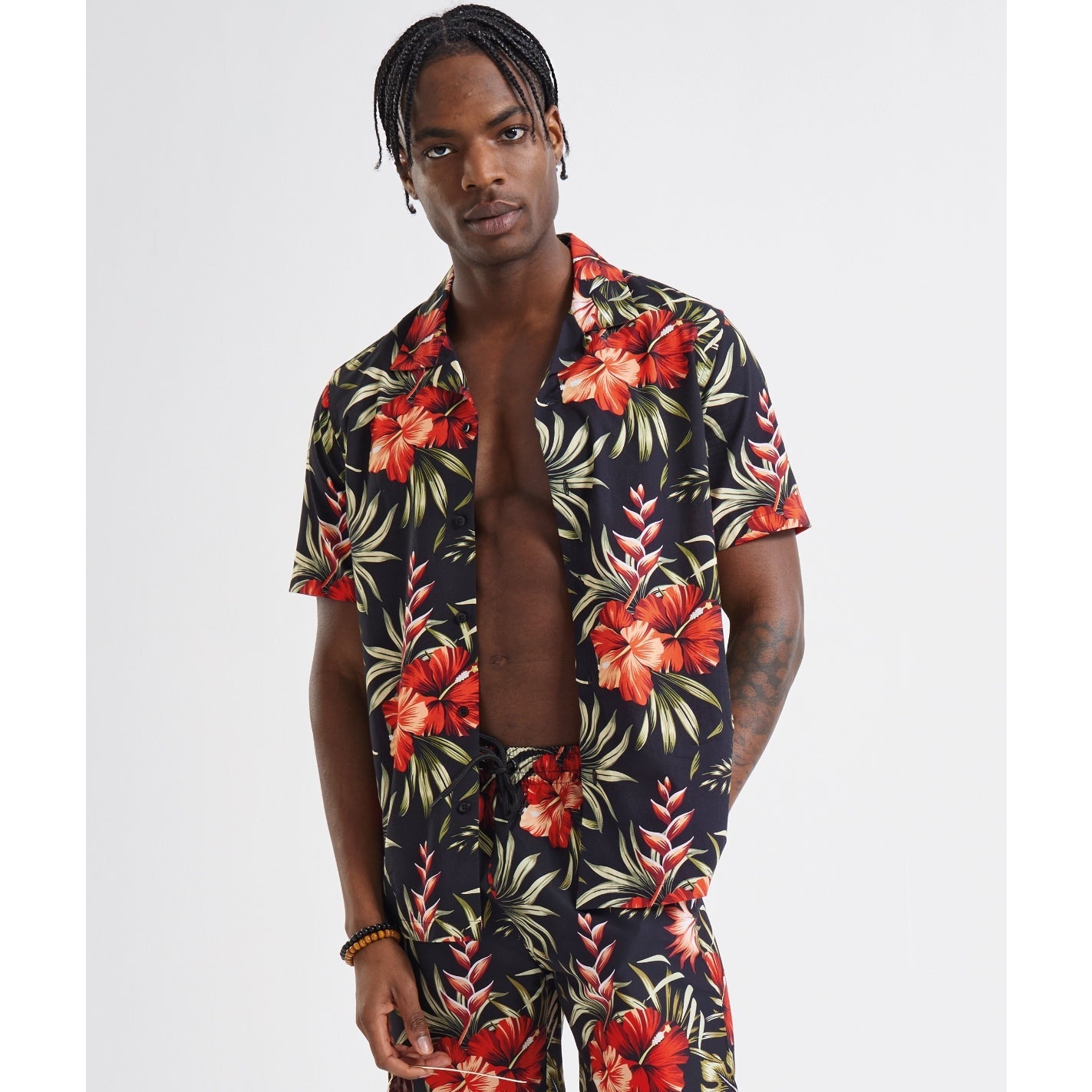 Wombat Men's Short Sleeve Shirt Cuban Collar Relaxed Fit Lightweight Summer Wear