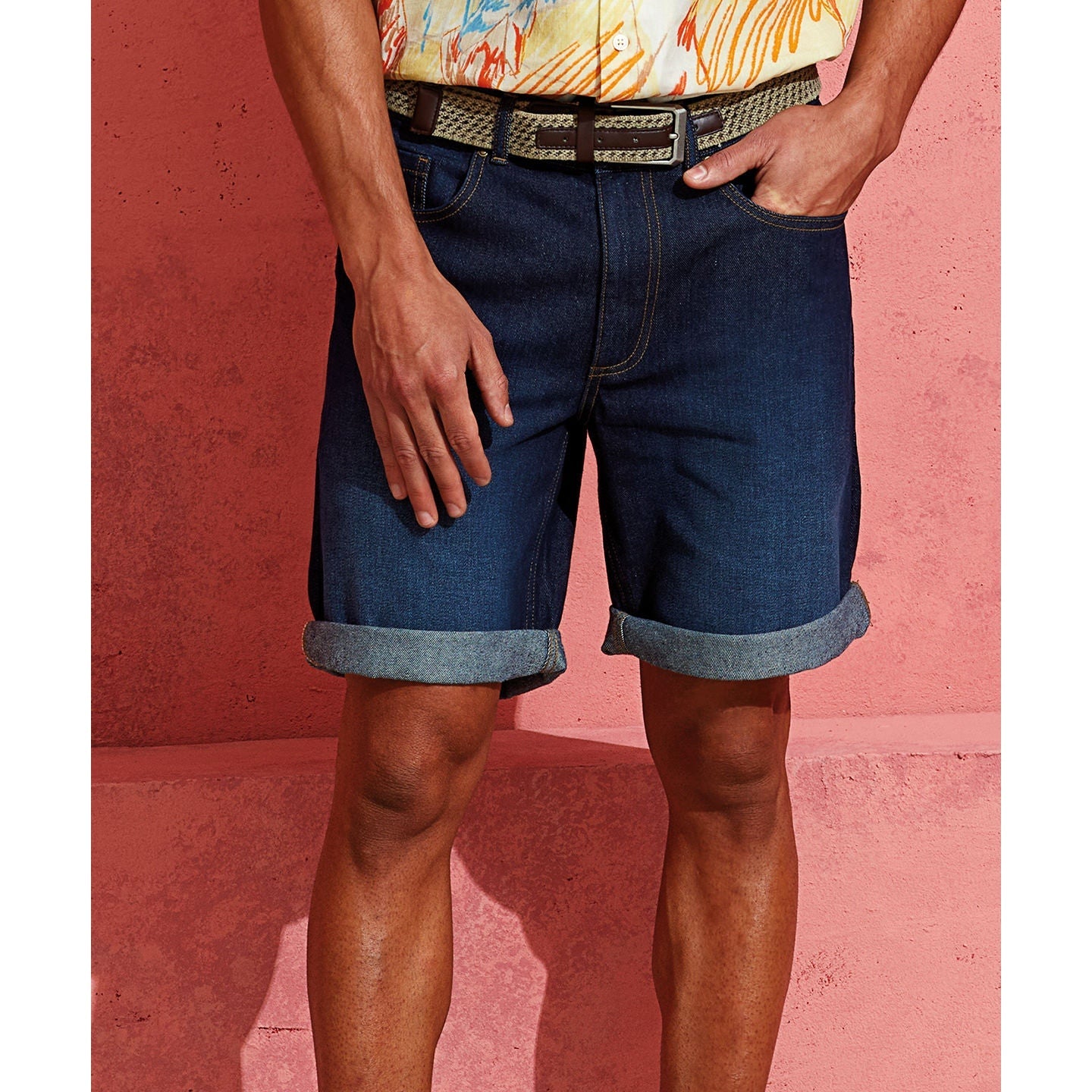 Wombat Men's Denim Shorts Washed Cotton Contrast Stitching Brass Details