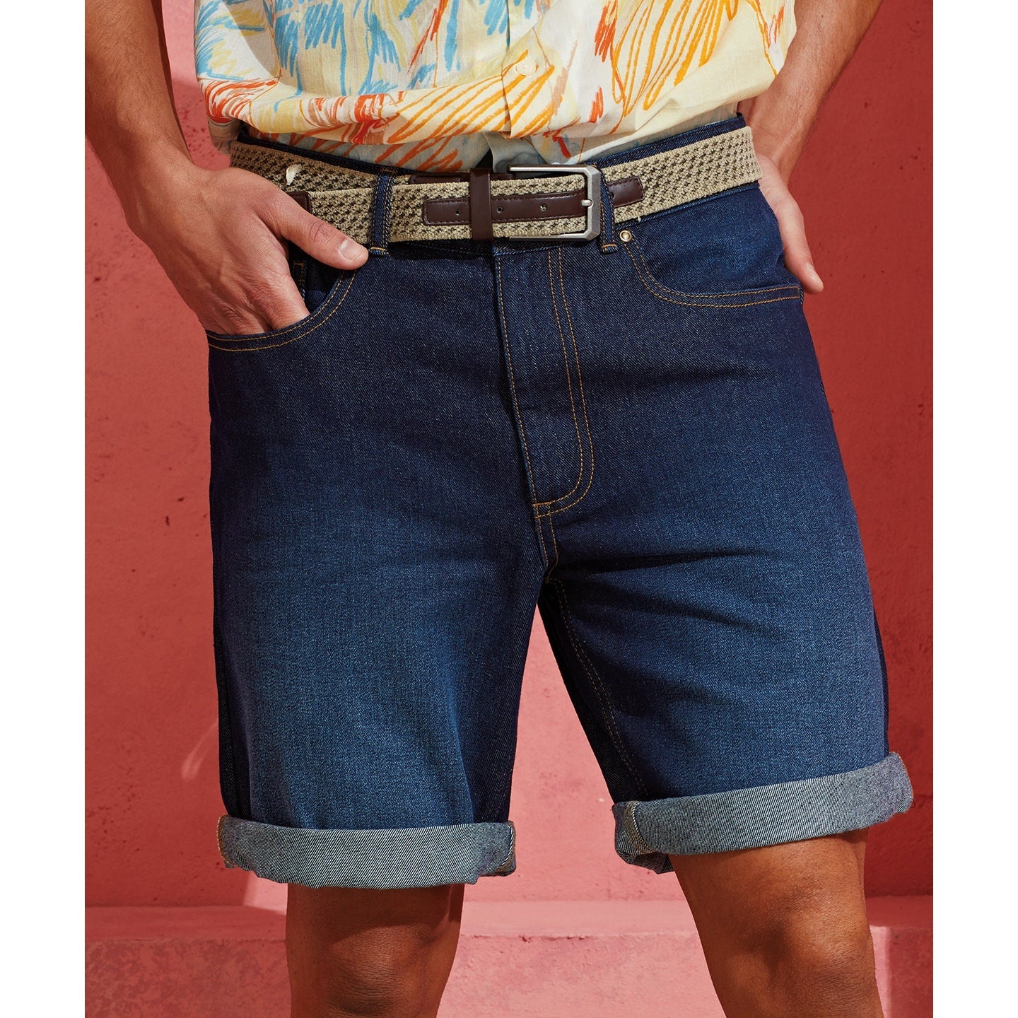 Wombat Men's Denim Shorts Washed Cotton Contrast Stitching Brass Details