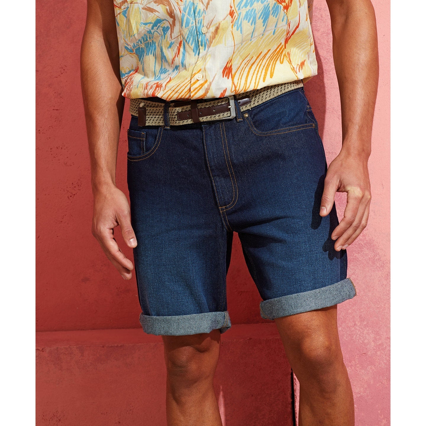 Wombat Men's Denim Shorts Washed Cotton Contrast Stitching Brass Details