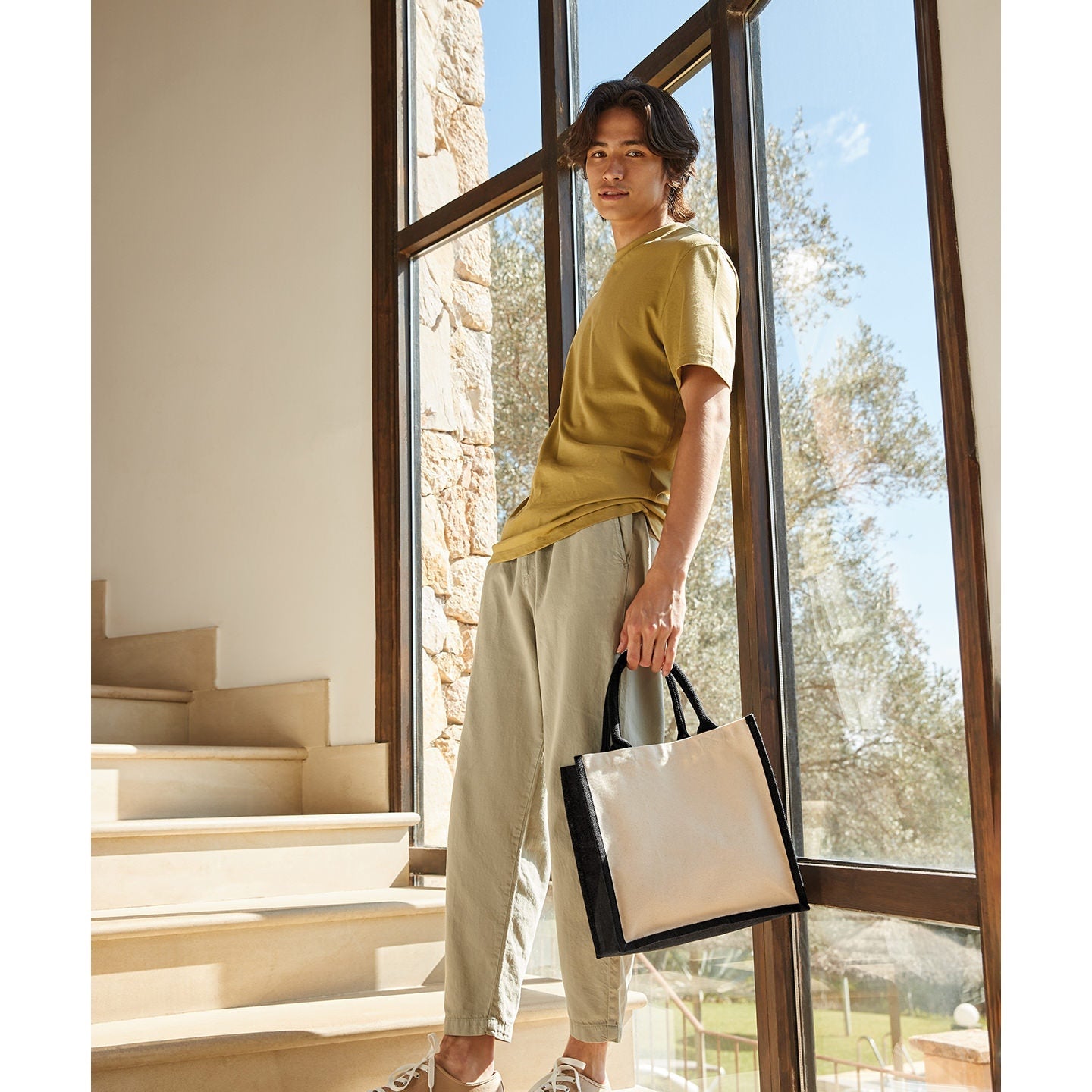 Westford Mill Midi Jute Tote Bag with Cotton Handles and Print-Friendly Panels