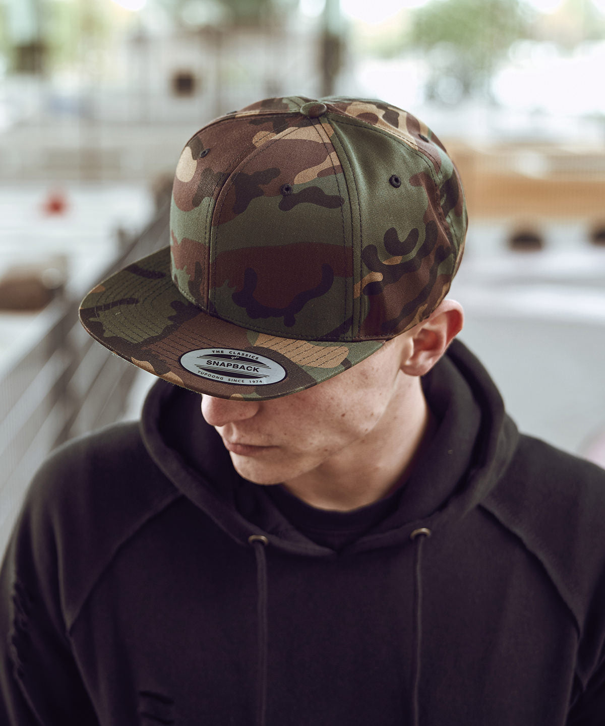 Flexfit Yupoong Camo Classic Snapback Hat Woodland Print Green Undervisor